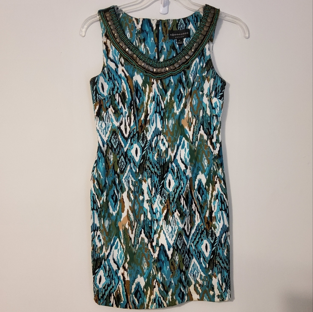 Connected Petite Aztec Print Sleeveless Sheath Dress Beaded Neckline Size 6P